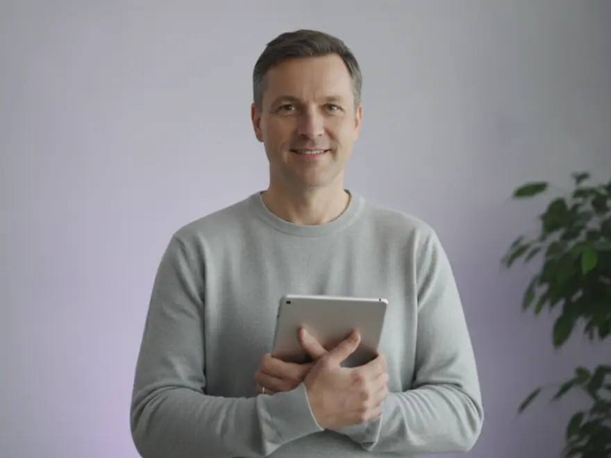Training coordinator holding a tablet after adding a call-to-action button to an interactive video