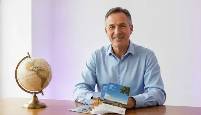 A travel agent at his desk with a globe and brochures in a destination video for clients