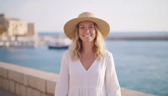 A travel blogger on a harbor wall in a Reel made from her trip photos