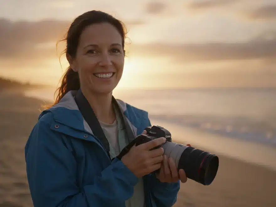 Travel photographer with her camera on a beach at golden hour in a travel video with a place name caption