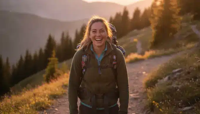 A travel storyteller on a mountain trail in a story video with an AI narrator voice