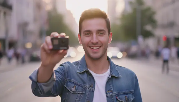 A travel vlogger holding up his camera in a social video with an upbeat music track added