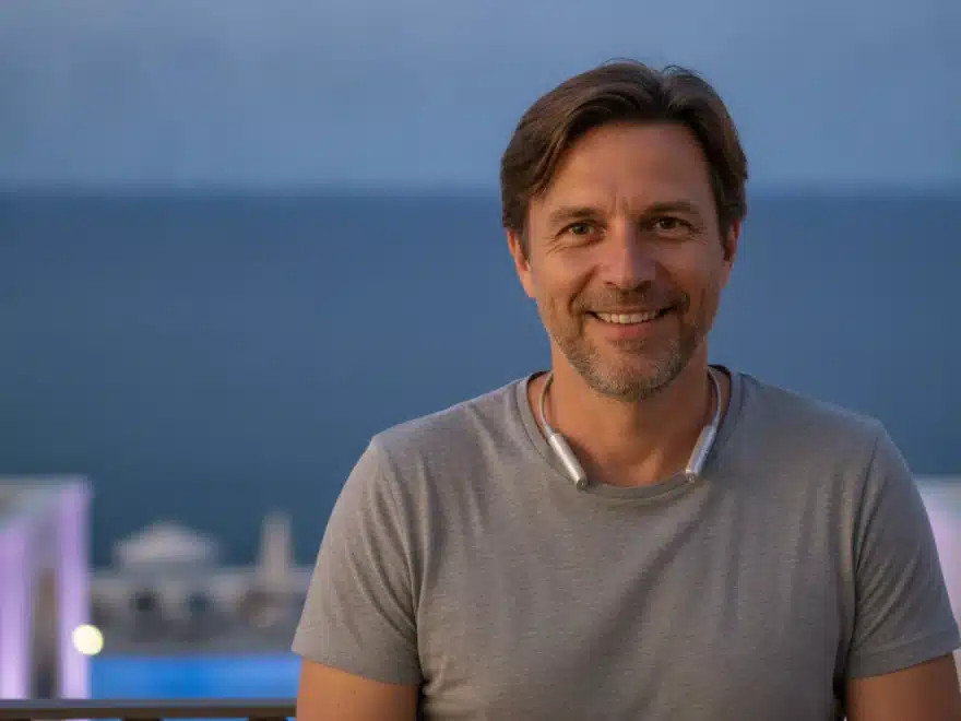 Traveler on a hotel balcony with earphones around his neck after adding music to his travel video