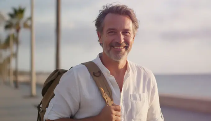 A traveler with a backpack on a seaside promenade in a travel photo slideshow