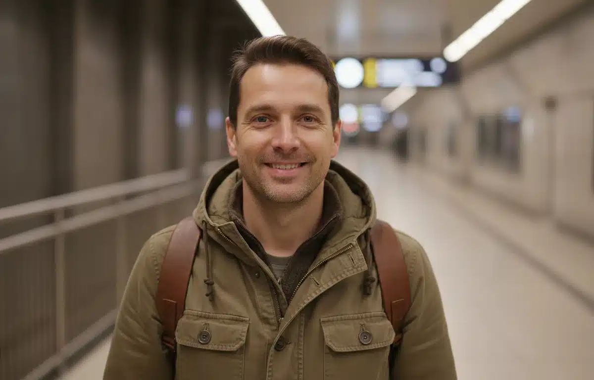 Traveler with a backpack on a train platform after turning his trip photos into a travel video in Pictory