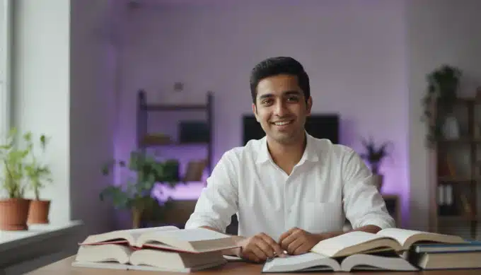 A tutor at a desk with books in a lesson video translated into Hindi by Pictory