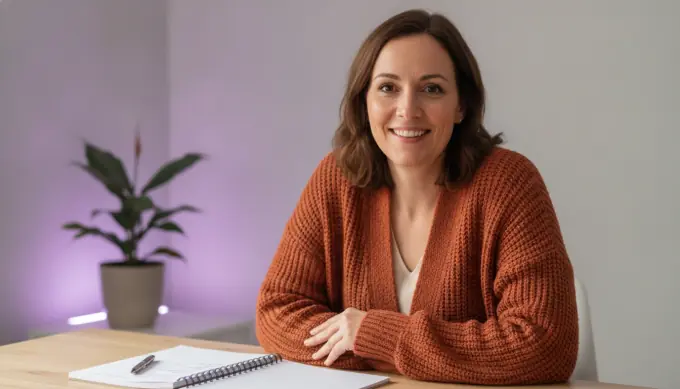 A tutorial maker at her desk with a notebook, the creator of faceless how-to videos