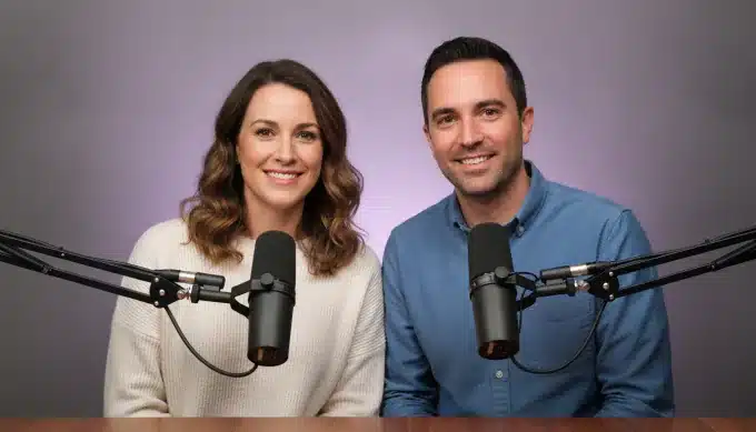 Two podcast hosts at their microphones in a video made from the text of their episode