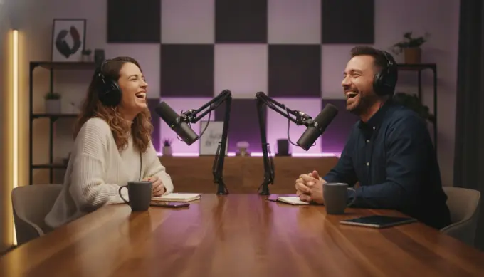 Two podcast hosts recording an episode, with the audio turned into a captioned video and a vertical clip for Shorts and Reels