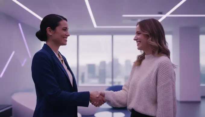 Two women shaking hands in a customer story video made from a case study link