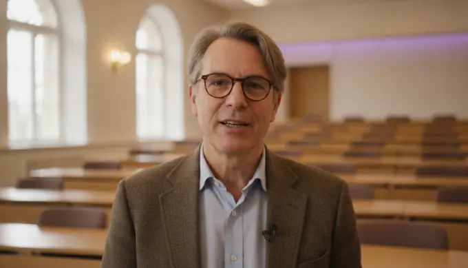 A university lecturer in a five-minute summary video made from a full lecture recording