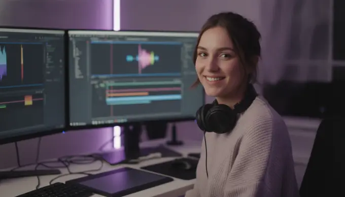 A video creator smiling at her editing desk in a YouTube video narrated by an AI voice