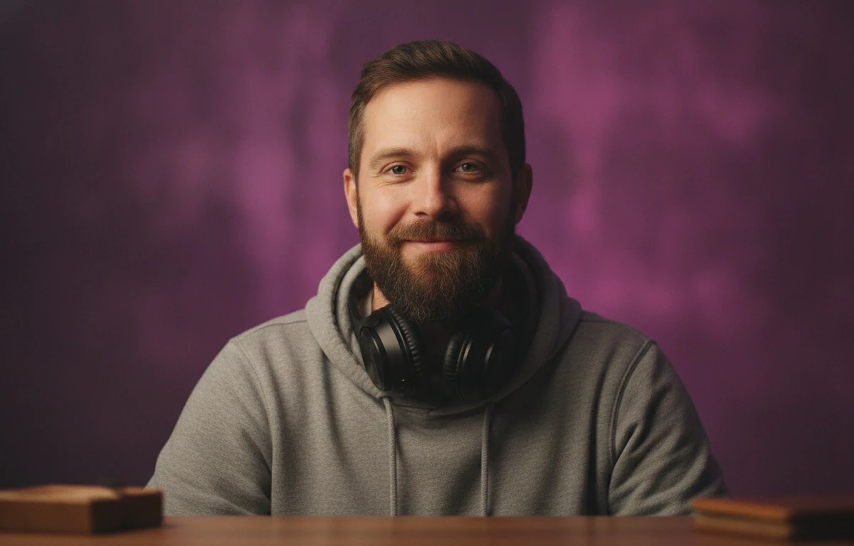A video editor at his desk adding a background image made with Flux to a video in Pictory