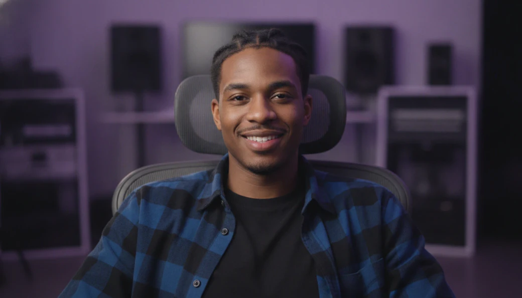 A video editor leaning back in his studio chair while the AI video editor in Pictory makes a change
