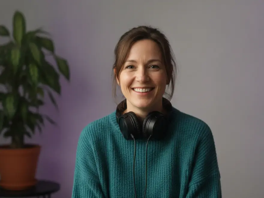 Video editor with headphones around her neck after adding a music track to a video intro