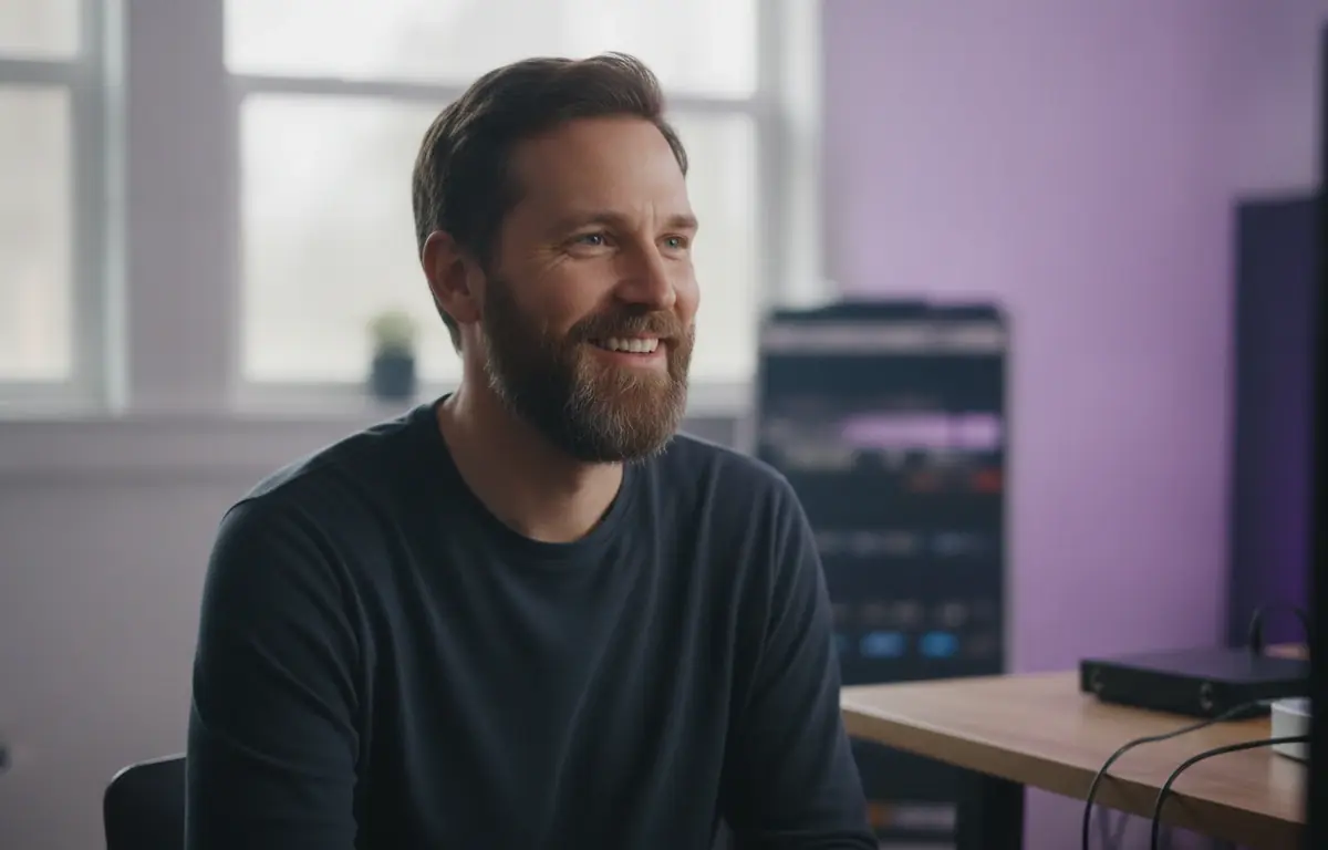 Video producer at his desk looking at the clips Pictory found in his long interview recording