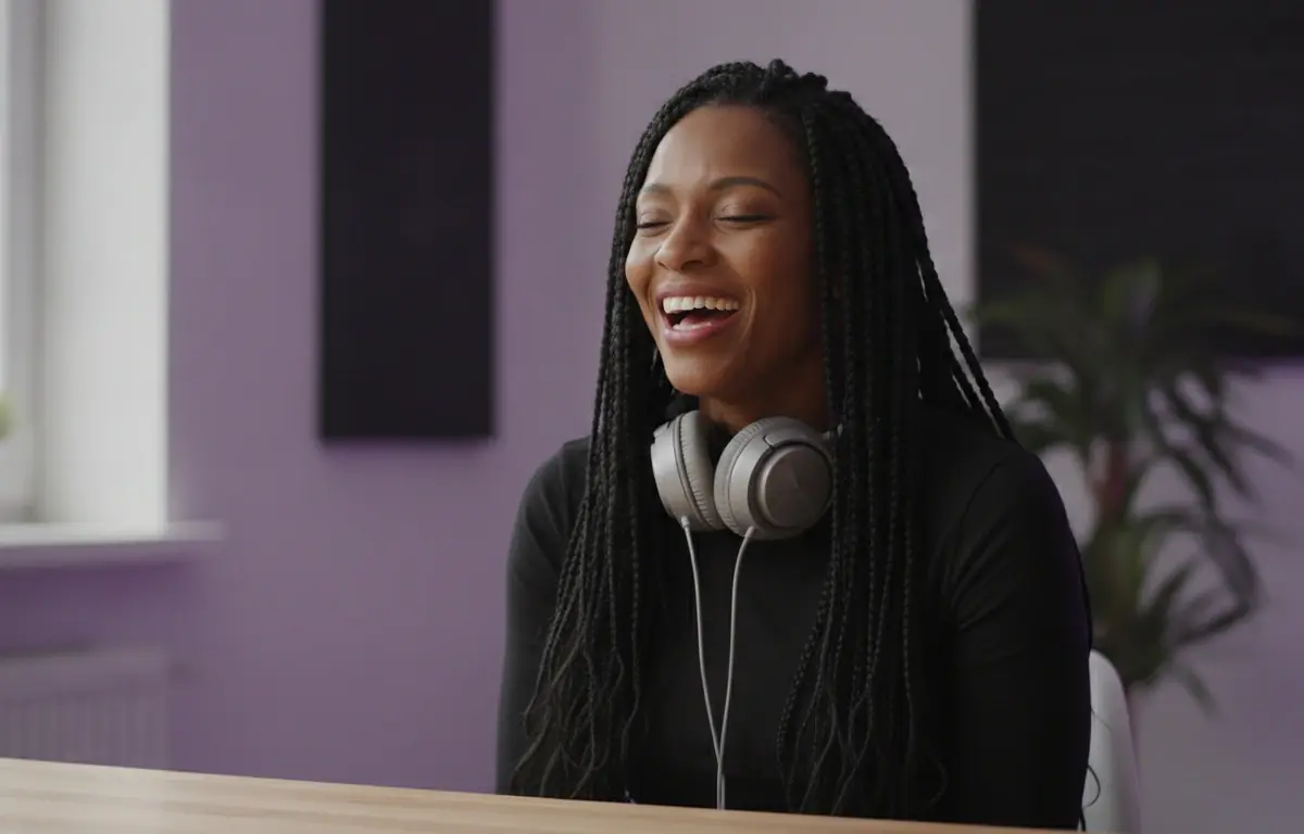 Video producer smiling as she listens to the AI voiceover Pictory generated for her video