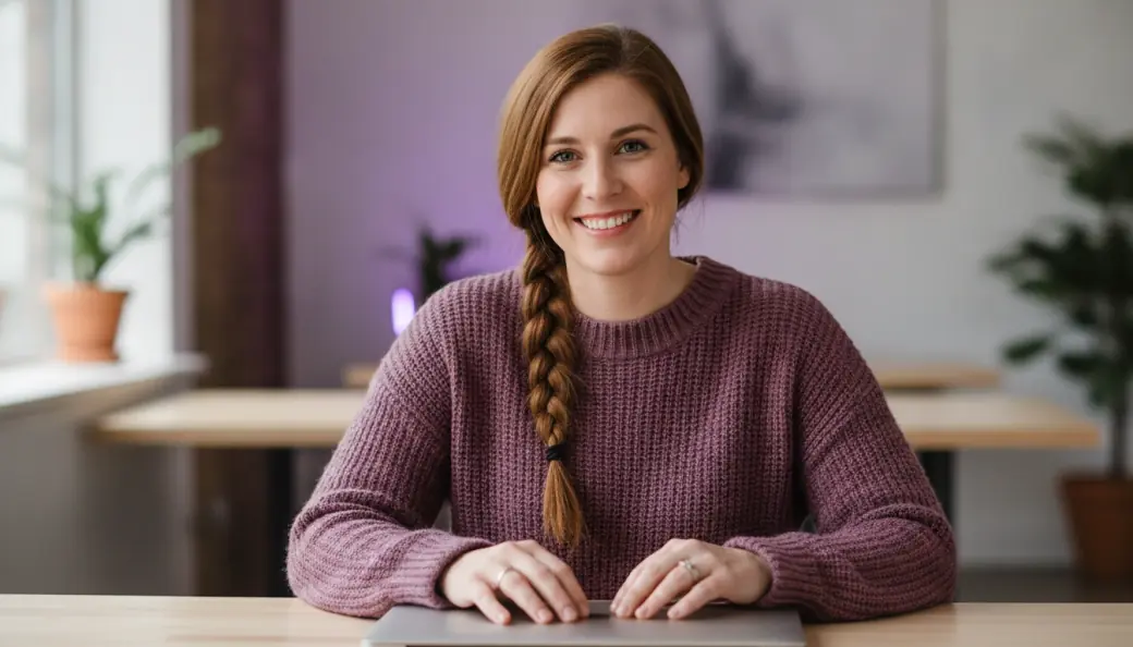 A video producer smiling at her desk in a video Pictory's AI video agent built from her brief