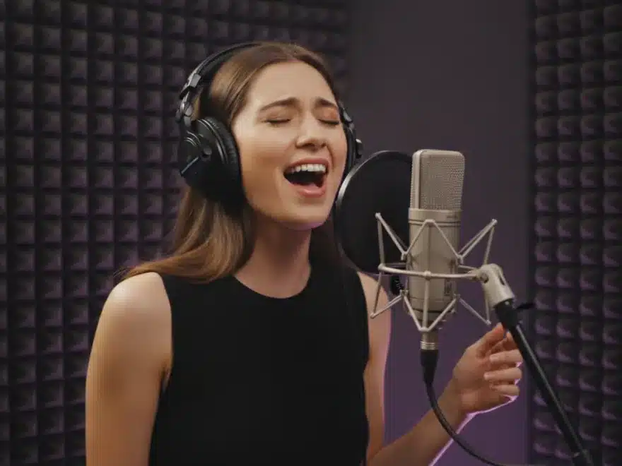 Vocalist singing into a studio microphone in a lyric video with styled captions