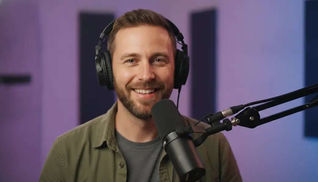 A voice artist at a studio microphone in a captioned video narrated by Pictory's AI voice generator