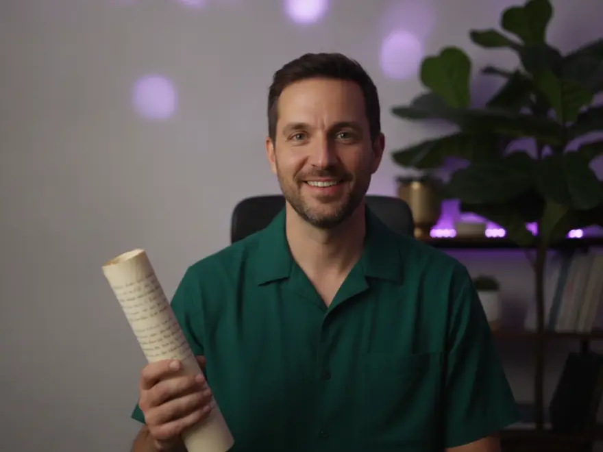 Voiceover writer holding a printed script after making a narrated video with captions in Pictory