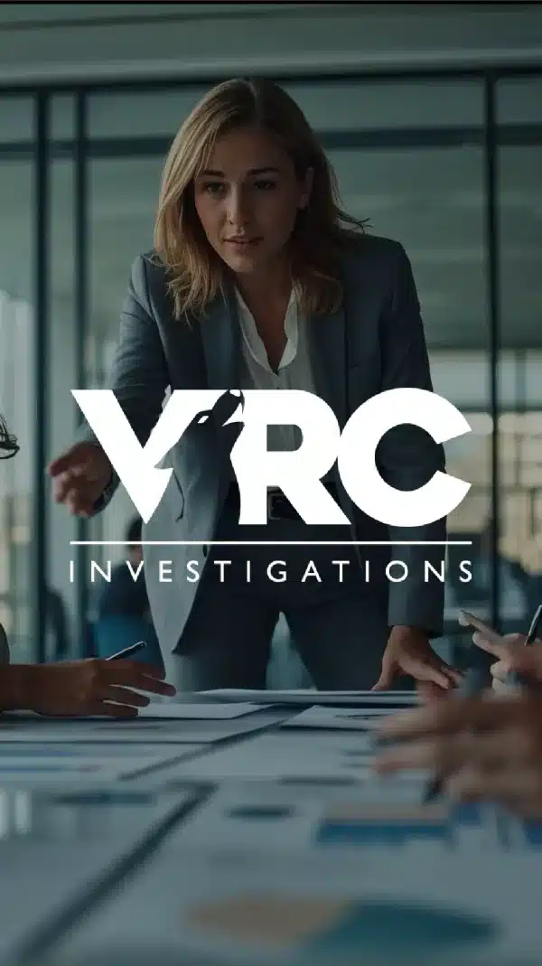 VRC Investigations logo over a woman leading a meeting