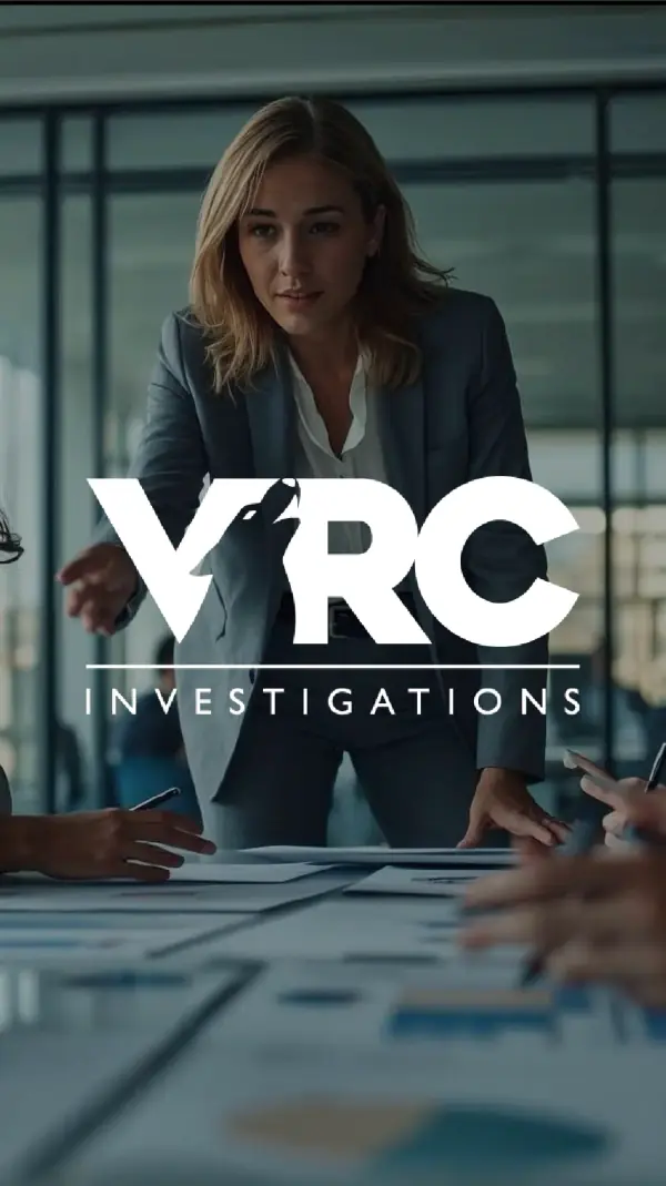 VRC Investigations logo over a woman leading a meeting