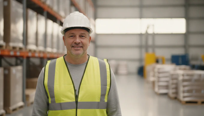 A warehouse safety trainer in a high-visibility vest in a safety training video