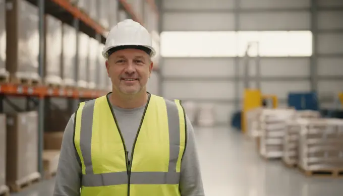 A warehouse safety trainer in a high-visibility vest in a safety training video