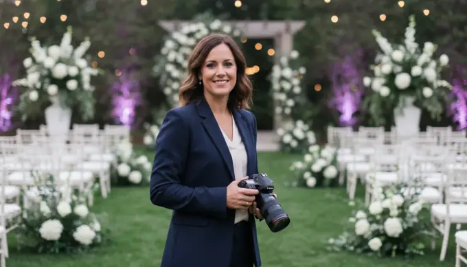 A wedding photographer holding her camera at a garden venue in an event recap slideshow