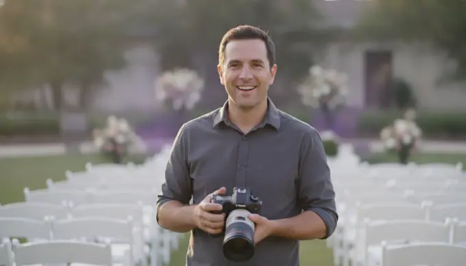 A wedding photographer holding his camera at an outdoor venue in a highlight reel for a couple