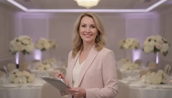 A wedding planner holding a clipboard in a reception hall in a save the date video