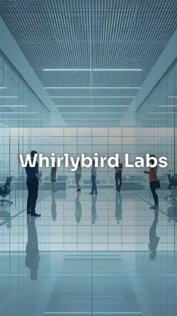 Whirlybird Labs logo over a bright glass office