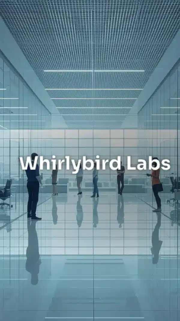 Whirlybird Labs logo over a bright glass office