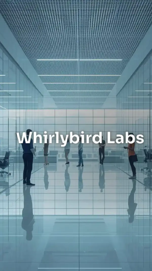 Whirlybird Labs logo over a bright glass office