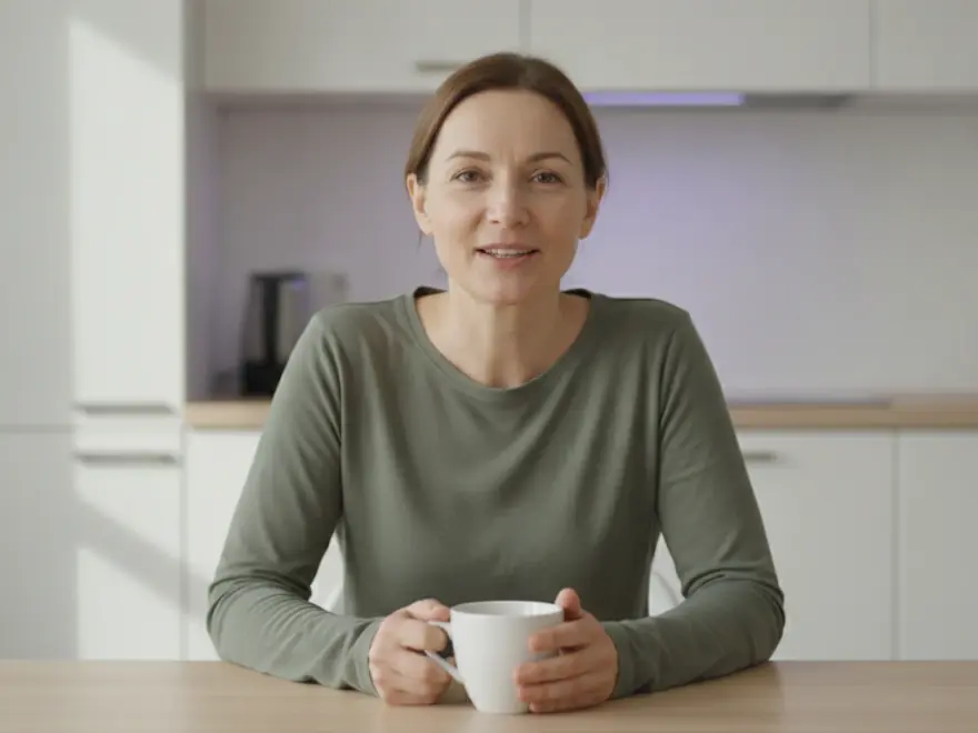Woman at her kitchen table in a captioned slide from a photo slideshow made with Pictory