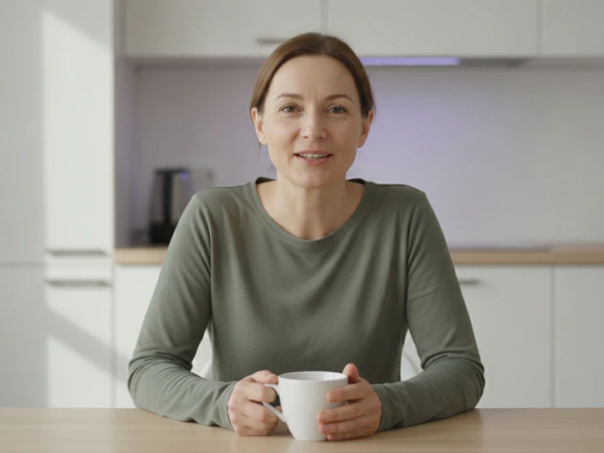 Woman at her kitchen table in a captioned slide from a photo slideshow made with Pictory