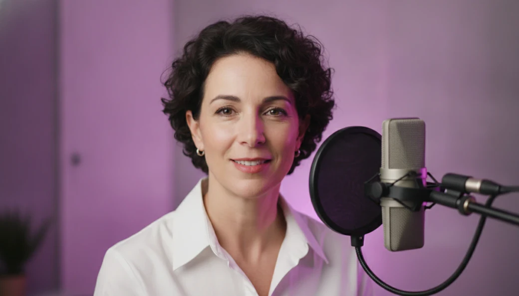 A woman at a studio microphone in a captioned video narrated by a clone of her own voice in Pictory