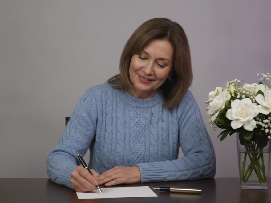 Woman at a writing desk beside white flowers, choosing the words for a memorial video