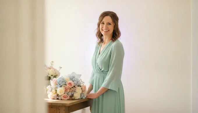 A woman beside a table of pastel flowers in a baby shower video invitation