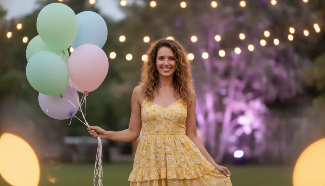 A woman holding pastel balloons at a garden party in a video invitation made with Pictory