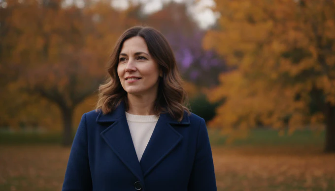 A woman in a garden in autumn in an anniversary remembrance video