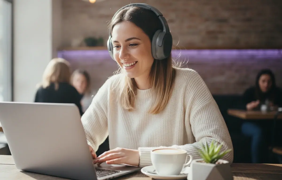 Woman in headphones at her laptop turning a blog post link into a video with Pictory