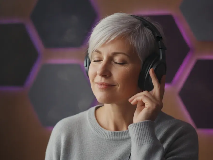 Woman in headphones listening closely as she previews a track from Pictory's music library