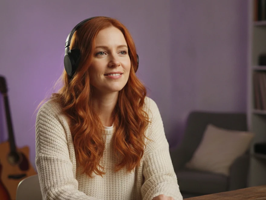 Woman in headphones listening to the AI voice her talking avatar will use in Pictory