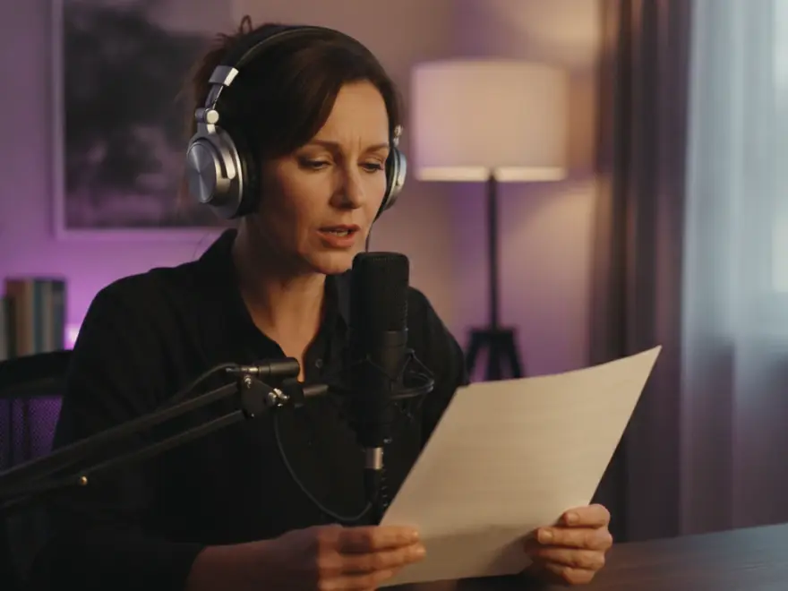Woman in headphones reading a script into her microphone to record a voiceover for a Pictory video