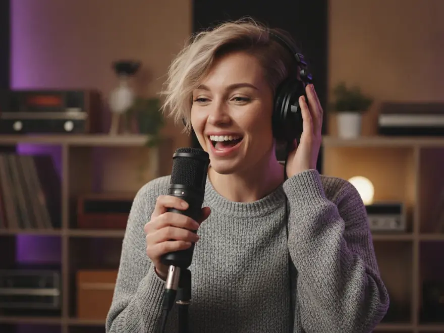 Woman in headphones speaking into a microphone, shown with an AI voice chosen by language and accent