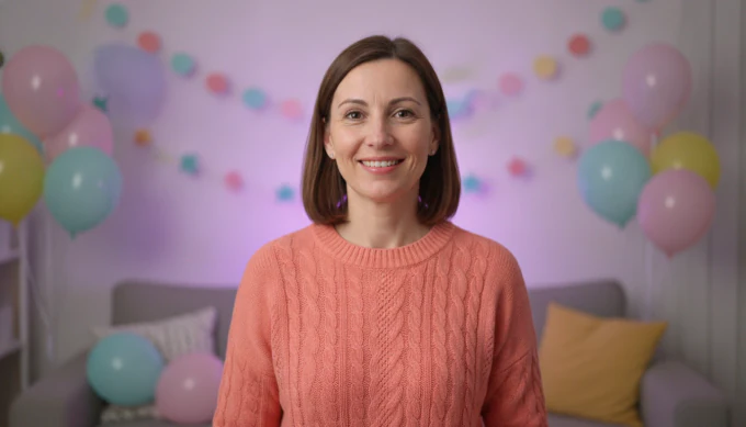 A woman in a living room decorated with balloons in a birthday photo slideshow with music