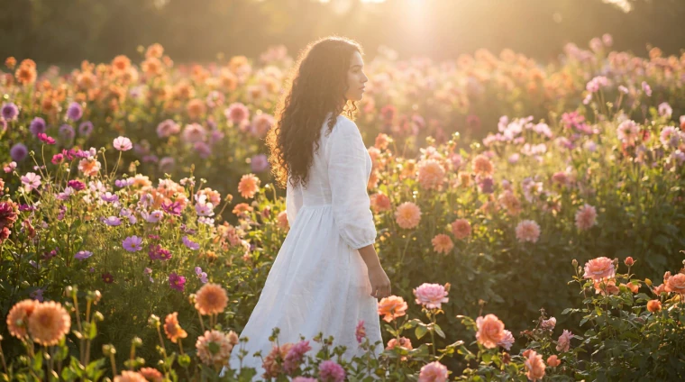 A woman in a white dress walking through a vast colorful flower garden at golden hour, a cinematic AI-generated frame