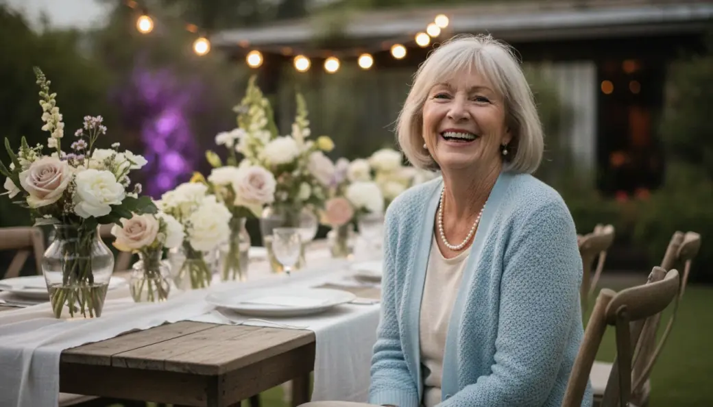 A woman laughing at a garden lunch table in a birthday photo slideshow with music